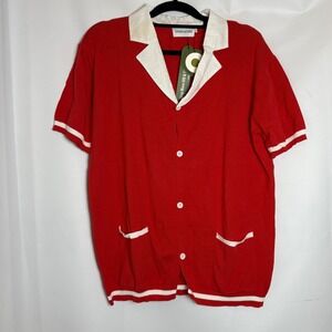 NWT OXKNITSTORE Mens Red 60s Retro Knit Shirt S/S Cotton Button Up Large